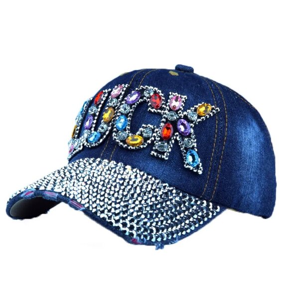 Women Adjustable Diamond Letter LUCK Outdoor Sunshade Hat Sunscreen Baseball Cap - Picture 4 of 9